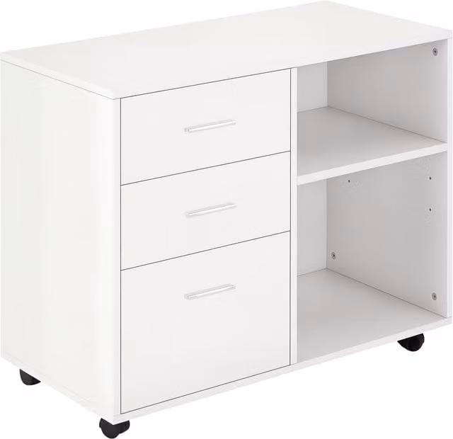 Mobile porta stampante HOMCOM in legno bianco con 3 cassetti e 4 ruote, L 80 cm x P 40 cm x H 65 cm