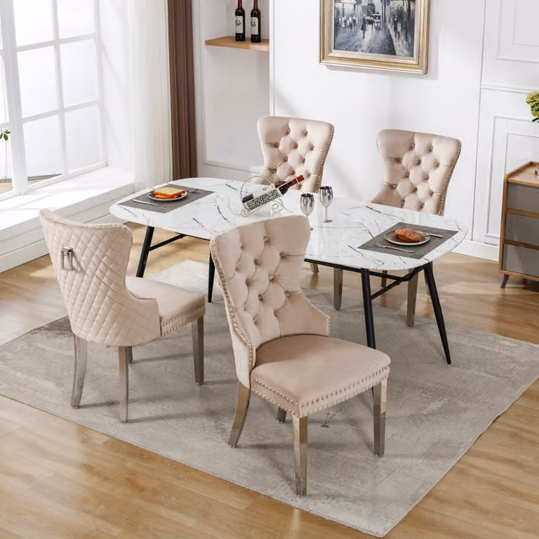okwish, set di 4 sedie da pranzo, ideali per la cucina, l'ufficio o la zona relax. Sedie imbottite con gambe in metallo e rivestimento in velluto (beige con motivo a chiodini)