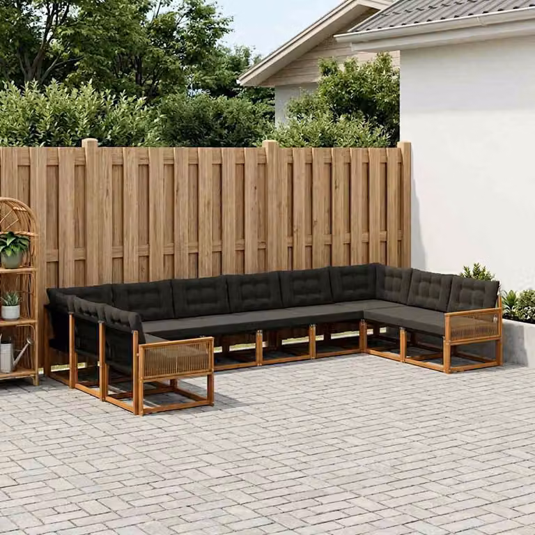 vidaXL Set di divani da esterno a forma di U composto da 10 pezzi in legno di acacia con cuscini rimovibili, colore marrone e nero