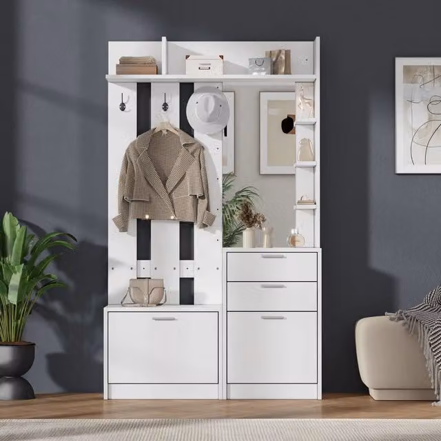 Mobile ingresso con specchio e scarpiera; appendiabiti da ingresso bianco in MDF; 110x34x185 cm