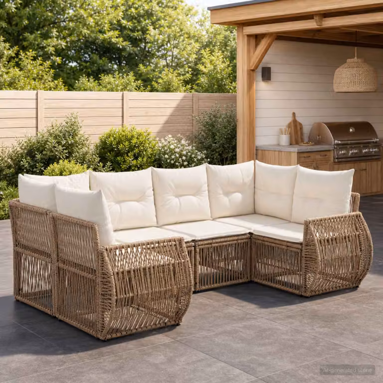 Set Divano da Giardino vidaXL a Forma di L con 6 Posti, Colore Beige e Bianco, Struttura in Acciaio Verniciato a Polvere e Cuscini Inclusi