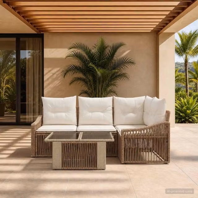 Set Divano da Giardino 5 Pezzi vidaXL in Polyrattan Beige e Bianco con Tavolino e Cuscini