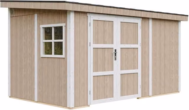 Casetta da giardino Timbela M939B-TERRA BROWN in legno, modello lean-to con finestra e serratura, H 231 x L 412 x P 368 cm