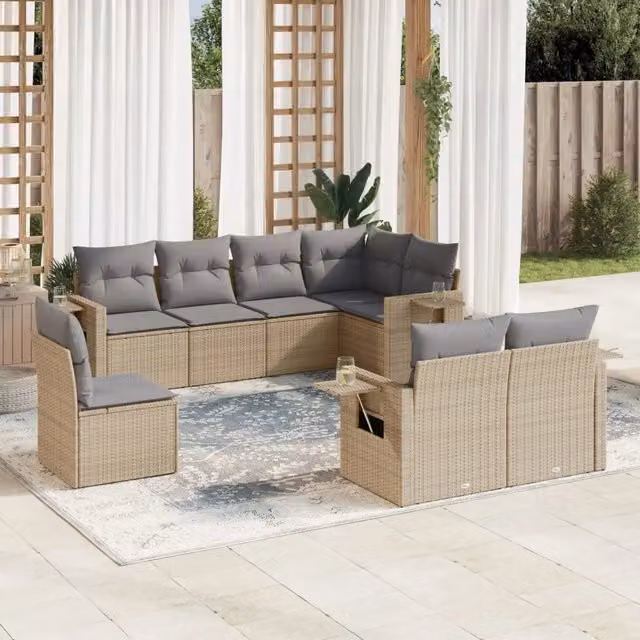 vidaXL Set Divano da Giardino 8 pz a forma di U in Polyrattan con Cuscini Beige e Grigio e Tavolino da Caffè