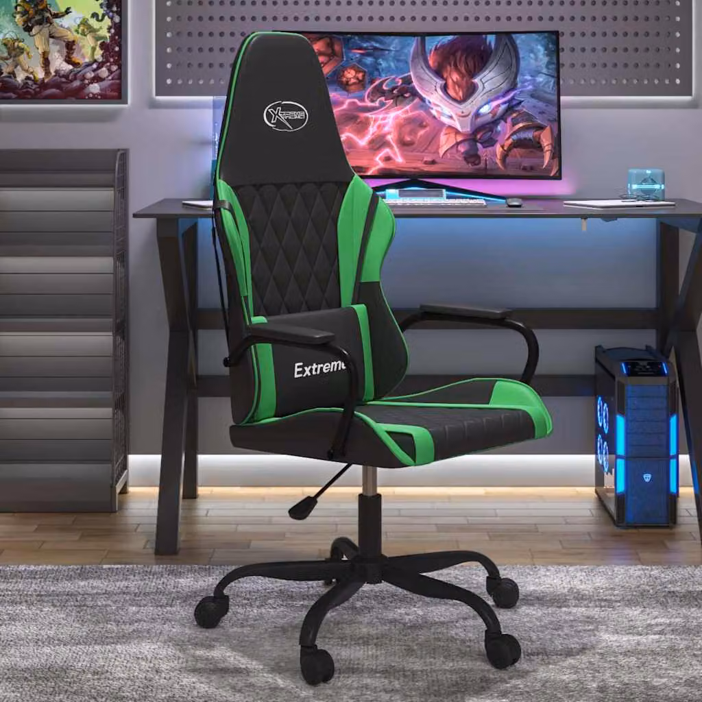 Sedia da Gaming vidaXL Nera e Verde in Similpelle con Braccioli e Ruote, Ruotabile a 360 Gradi