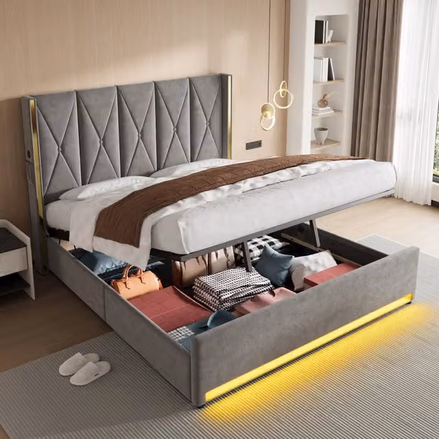 Letto in velluto con testiera alta, USB, LED e contenitore, 180x200 cm