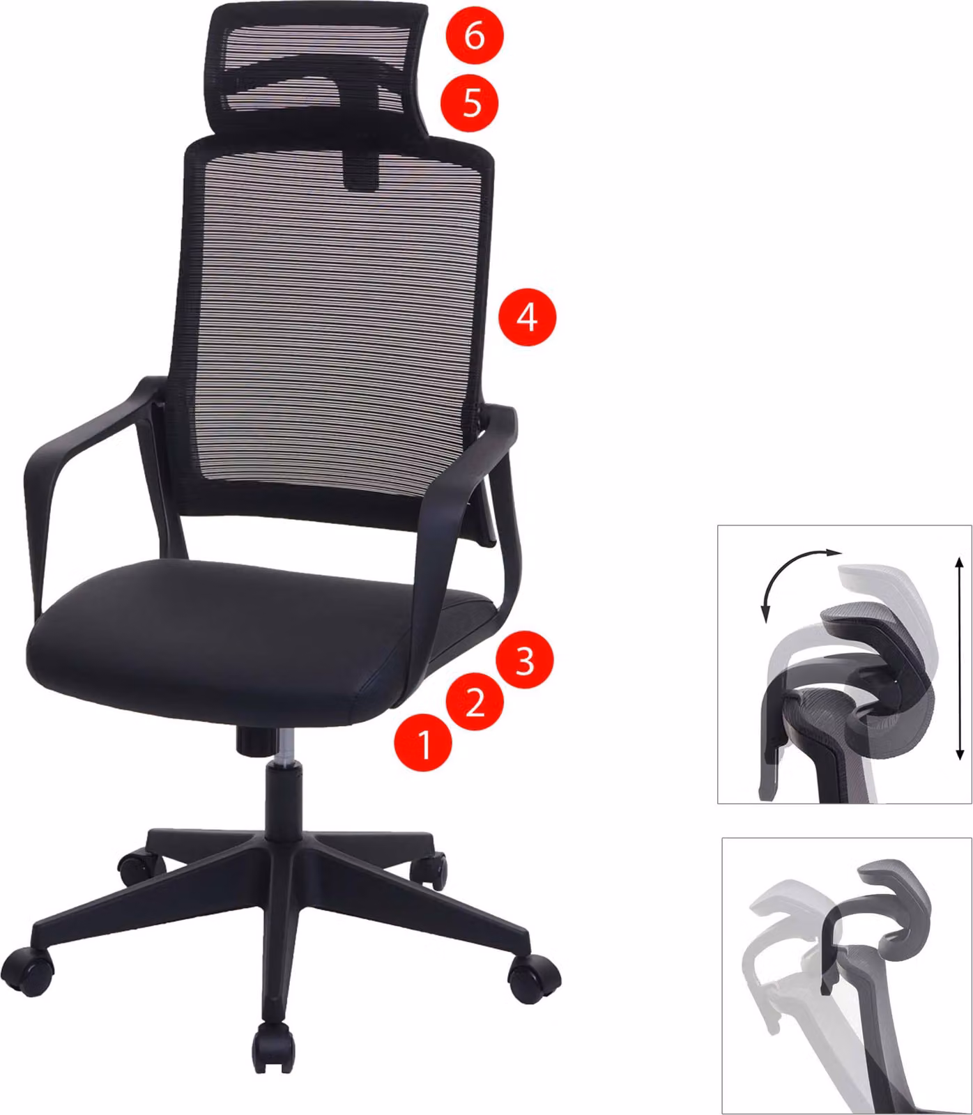 Sedia da ufficio HWC-J52, sedia da scrivania girevole, poggiatesta ergonomico, Pelle finta ~ nero