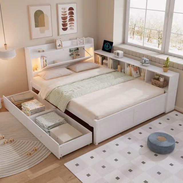 Letto matrimoniale 140x200 cm bianco in pino e MDF con testiera contenitore; luci e ricarica