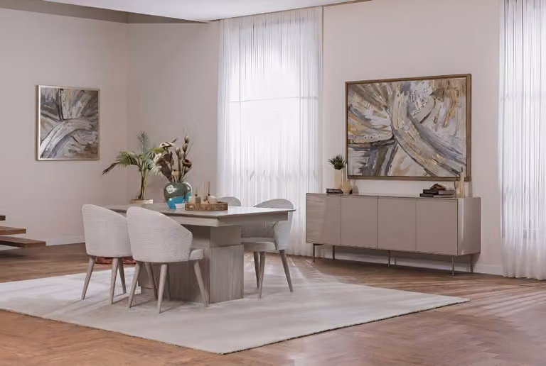 Tavolo da pranzo, sedia, credenza, stile moderno, colore beige, legno, cucina, quadrata