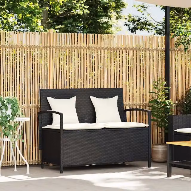 Panchina Portaoggetti da Giardino | Panca da Giardino con Cuscino in Polyrattan Nero