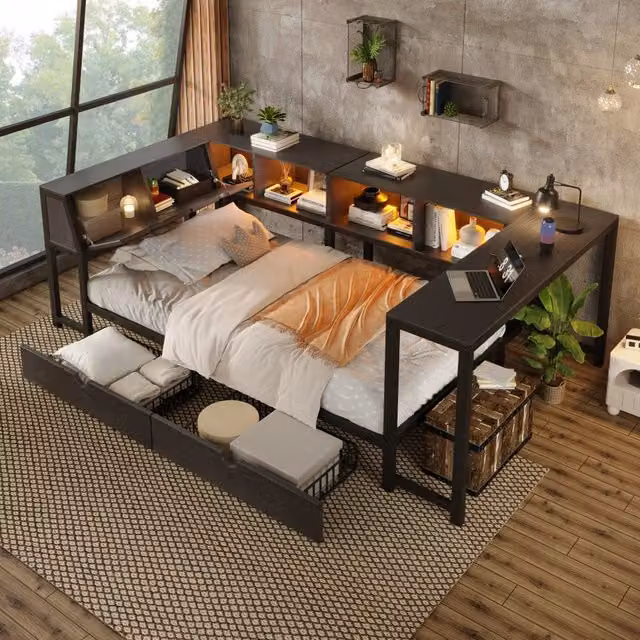 Letto singolo Mivray con cassetti, scrivania e testiera contenitore con LED multicolore, nero, L/P/H: 90 x 200 x 254,5 cm