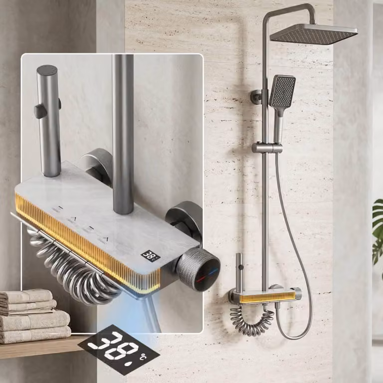 Sistema doccia con soffione a pioggia, doccetta manuale, altezza regolabile da 70 a 103 cm, colore bianco