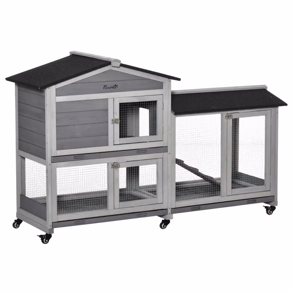 Gabbia per conigli Minimal a 2 piani con 3 ripiani scorrevoli in legno di abete grigio L: 157 cm, P: 53 cm, H: 100 cm – 2