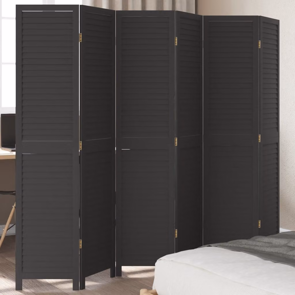 Divisorio Ambienti vidaXL con 6 Pannelli in Legno Massello di Paulownia Nero Opaco H: 180 cm, L: 215 cm