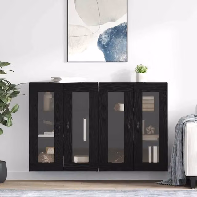 Set di 2 armadi da parete moderni vidaXL con ante in vetro e ripiani interni, colore nero opaco, L/P/H: 69,5 x 34 x 90 cm – 1