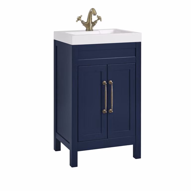 Mobile Bagno Blu Marino da 500mm con Lavabo e Maniglia Classica con Barra a T in in Ottone Spazzolato - Warwick