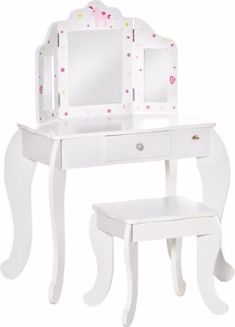 Set da toeletta per bambini HOMCOM con sgabello in legno, tavolo trucco con triplo specchio e cassetto, Bianco, L: 63 cm, P: 40 cm, H: 85.5 cm – 1
