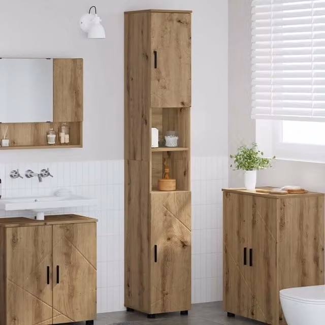 Mobile da bagno sospeso vidaXL in legno rovere marrone con ante a battente e ripiani interni L: 30 cm, P: 35 cm, H: 192 cm – 1