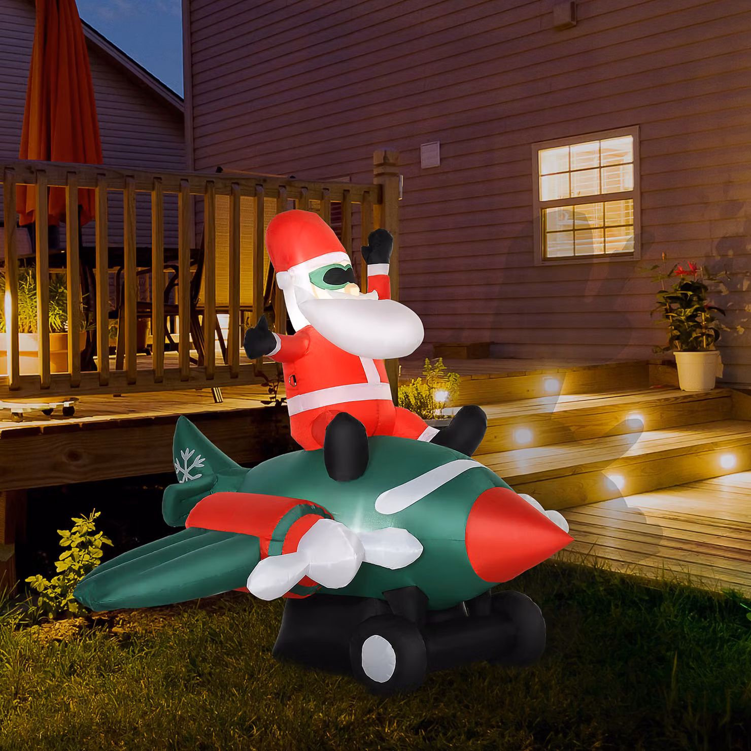 Decorazione Natalizia Gonfiabile HOMCOM Babbo Natale su Aereo con Luci LED Multicolore, Altezza: 160 cm – 2