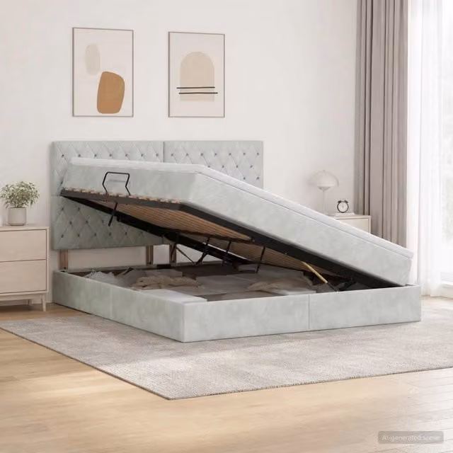 Letto con contenitore e materasso vidaXL in tessuto grigio, L/P/H: 160 x 200 x 128 cm