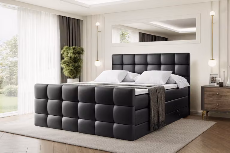 Letto boxspring ALTDECOR con materasso e rete a doghe - BRUGO -Z KING - 140x200 cm - Pelle finta nera - Coprimaterasso, pediera, letto imbottito con contenitore, letto con vano portaoggetti H3 e H4 - Materasso, letto matrimoniale, letto boxspring