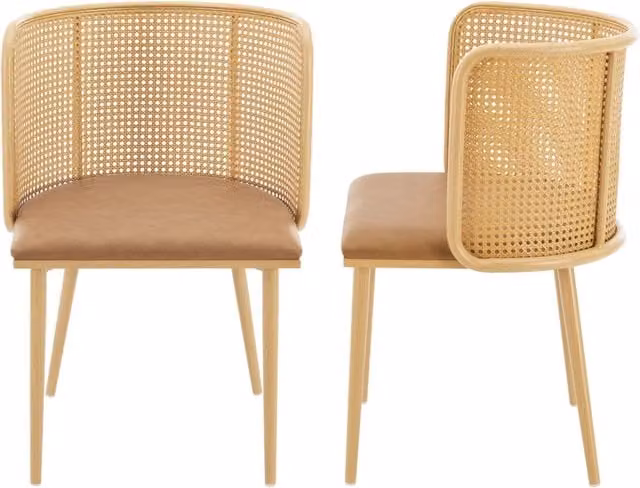 Set di 2 sedie Flen en.casa con seduta in similpelle marrone e schienale in rattan con effetto legno – 1