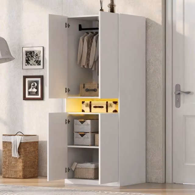 Armadio guardaroba a 2 ante 70x55x180 cm con vano LED; MDF bianco