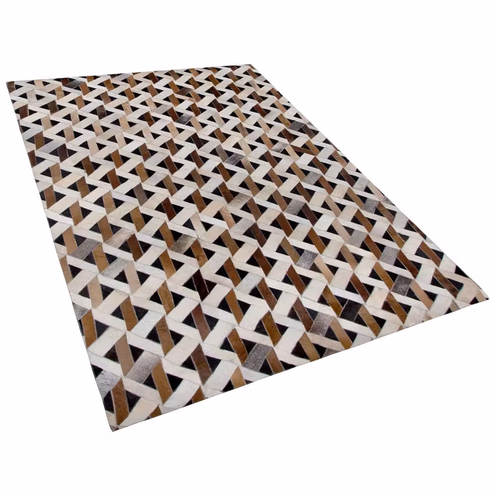 Tappeto in pelle Beliani con motivo geometrico in stile boho, multicolore marrone, grigio e bianco, L: 230 cm, P: 160 cm – 2