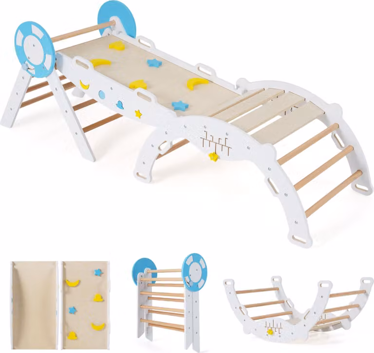 Set di 3 strutture da arrampicata per interni COSTWAY, triangolo pieghevole con scivolo, arco di arrampicata, rampa bifacciale e set di blocchi da costruzione inclusi, per bambini da 1+