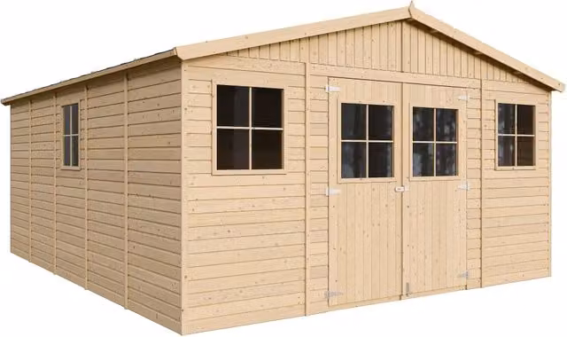 Casa da giardino in legno TIMBELA M333+M333G colore grigio e beige con pavimento e finestre