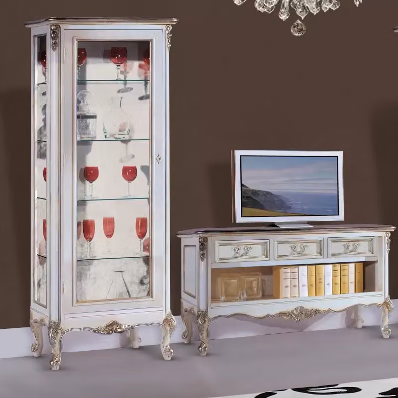 Parete attrezzata shabby chic in legno bianco e argento Mobili 2G L: 224 cm, H: 180 cm, P: 51 cm – 2