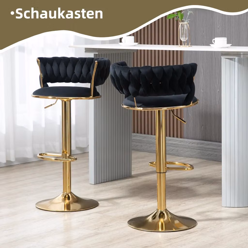 Sgabello da bar OKWISH girevole a 360 gradi con schienale traforato, regolabile in altezza, rivestimento in velluto nero e base dorata – 2