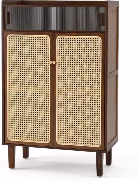 Scarpiera in bambù con ante scorrevoli in rattan e 5 ripiani, mobiletto porta scarpe marrone per camera da letto, soggiorno o ingresso, L: 67 cm, P: 33 cm, H: 107 cm – 1