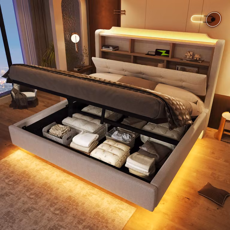 Letto imbottito 140x200 cm con spazio contenitore, funzione di ricarica USB e di tipo C, rivestito in lino, con rete a doghe e testiera geometrica, ideale per la camera da letto