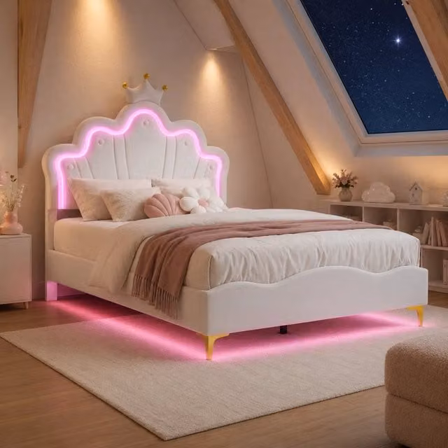 Letto Singolo Principessa per Bambina con Testiera a Corona in Pelle PU, Imbottito e con Illuminazione LED, Bianco, L/P/H: 90 x 190 cm