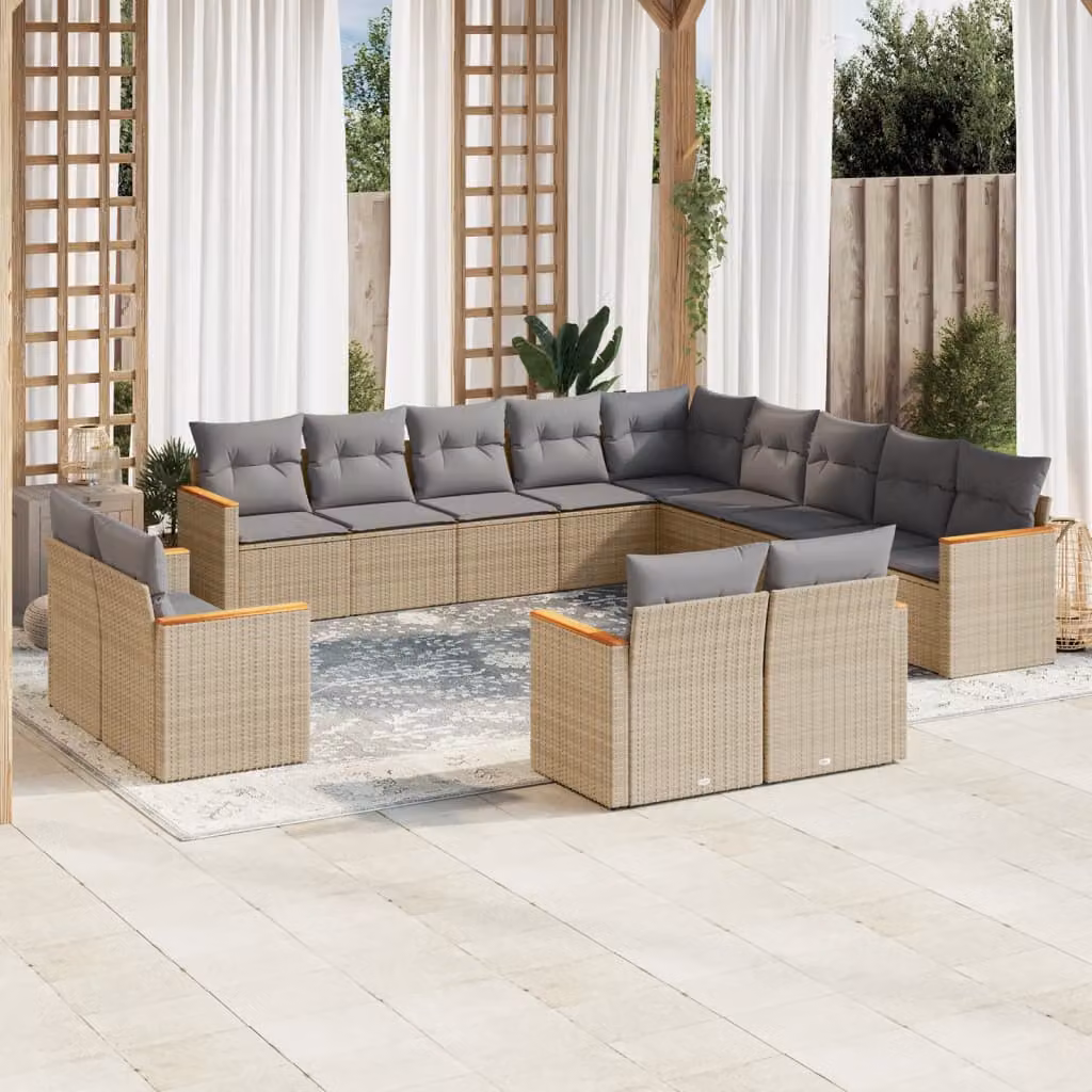 vidaXL Set Divano da Giardino a L 13 pz con Cuscini Beige e Grigio in Polyrattan e Metallo – 1