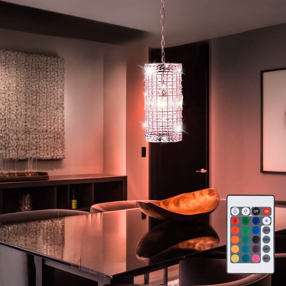 Lampada a sospensione LED RGB, cristalli, cromo, acciaio, H 150 cm