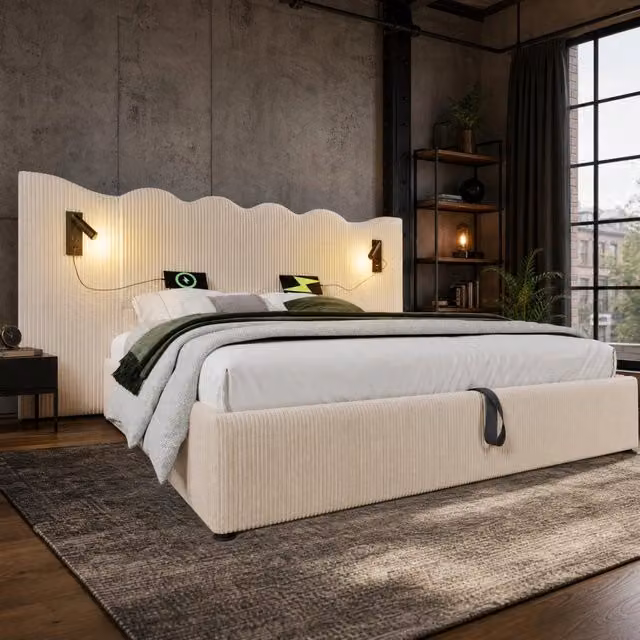 Letto contenitore 180x200 cm in velluto a coste con lampade, USB e Type-C