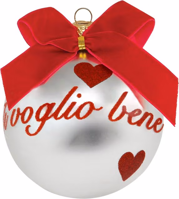 Pallina di Natale Kasanova con scritta Ti voglio bene, finitura perlata, colori rosso, argento e bianco, Diametro: 10 cm