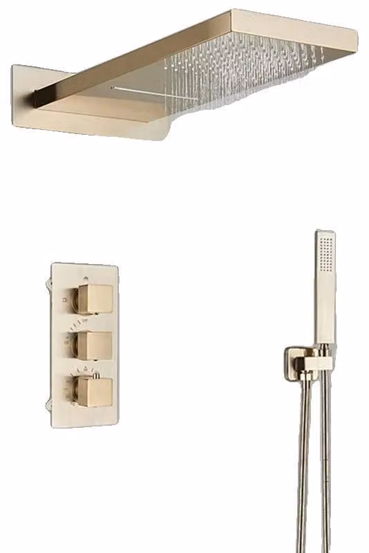 Set di rubinetteria per doccia, miscelatore termostatico, design a parete, oro spazzolato