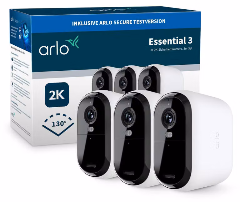 Telecamera di sicurezza Arlo Essential 3 XL 2K, set di 3, telecamera di sicurezza IP, per interni ed esterni, cablata e wireless, IP65, per soffitto/parete, bianco