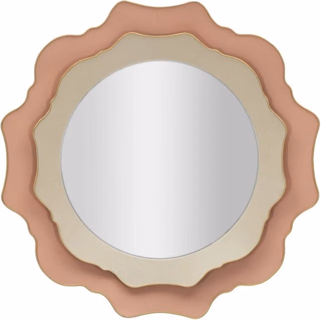 Specchio da parete rotondo con cornice sagomata color crema e rosa