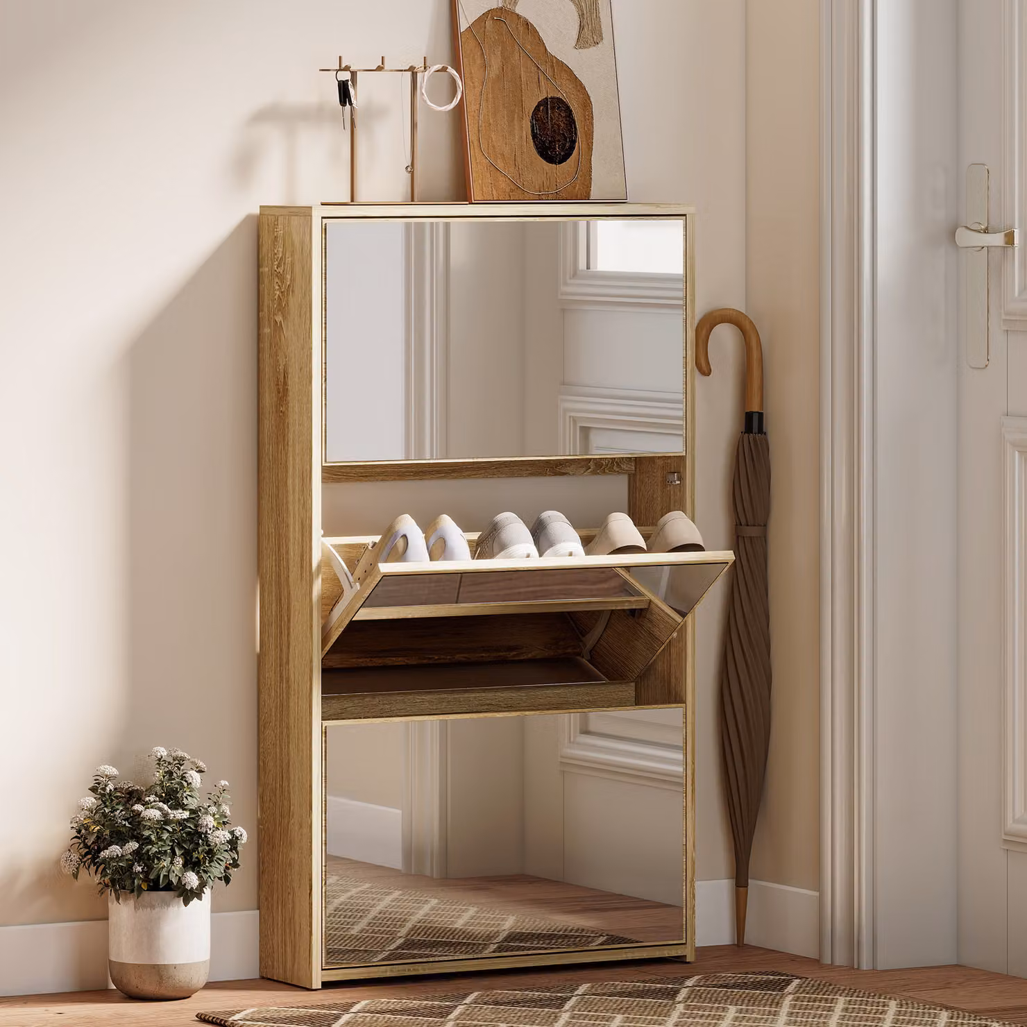 Scarpiera HOMCOM con specchio e 3 cassetti a ribalta in legno per 9 paia di scarpe, L: 65 cm, P: 17 cm, H: 114.5 cm, Colore Legno – 2