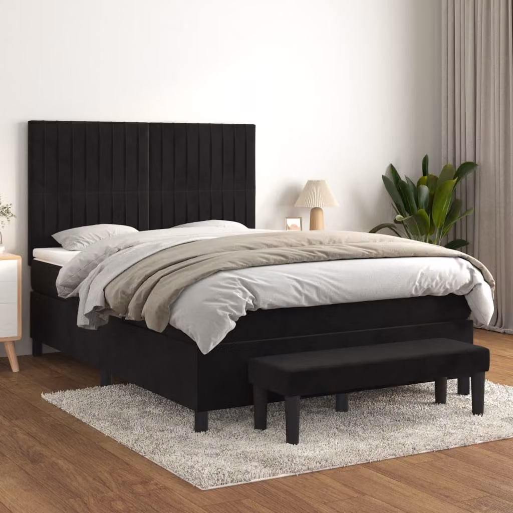 vidaXL Giroletto a Molle con Materasso Ibrido in Velluto Nero, L/P: 140 x 190 cm