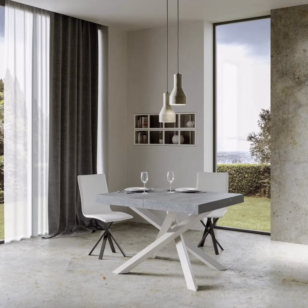 Tavolo allungabile Volta Premium Bs Com con piano effetto cemento grigio e telaio bianco L/P: 130 x 90 cm, estensibile fino a 390 cm – 2
