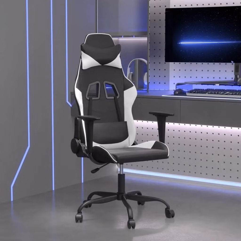 Sedia da Gaming Sportiva in Similpelle Nera e Bianca con Poggiatesta e Ruote – 2