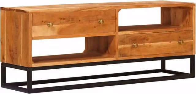 Mobile TV moderno vidaXL in legno di acacia massello e metallo, colore marrone, L 110 x P 30 x H 44 cm