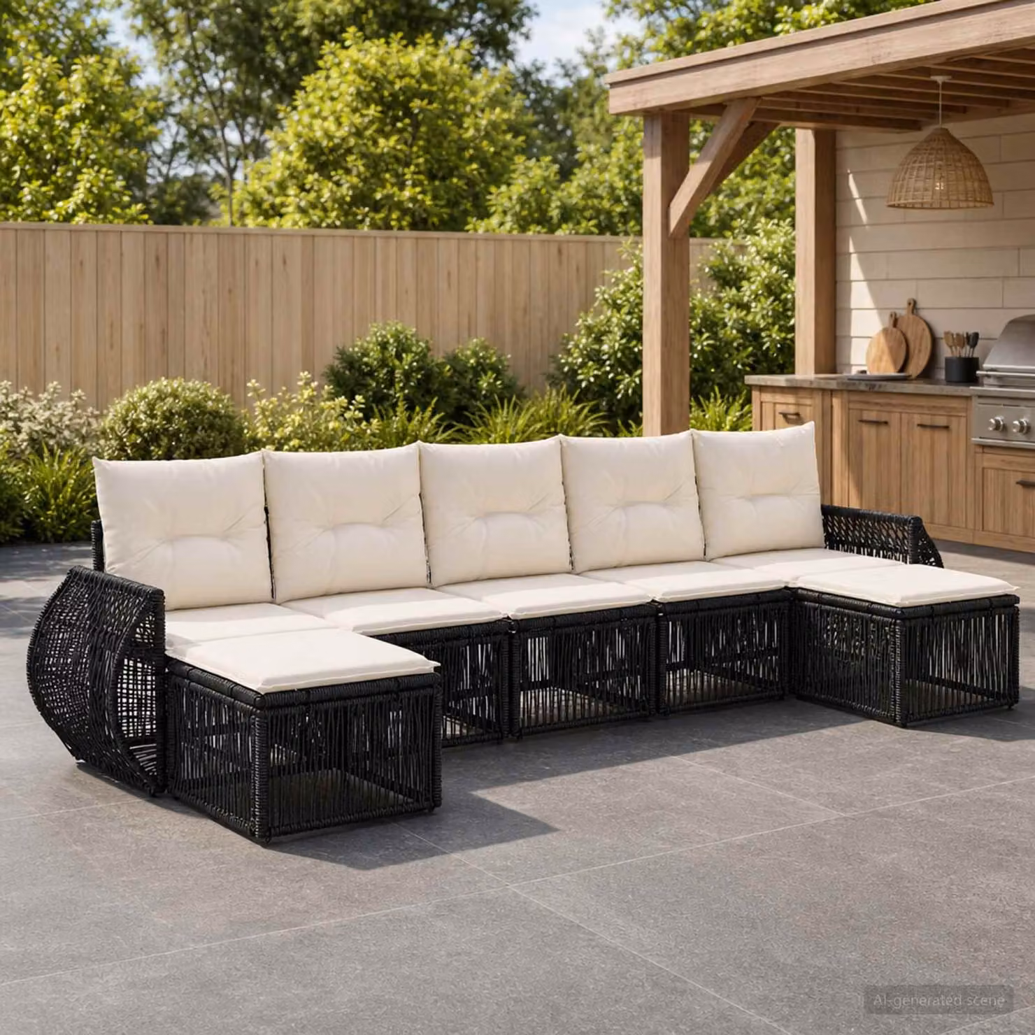 Set Divano da Giardino vidaXL 7 pz a L con Ottoman, Polyrattan Nero e Bianco Crema con Cuscini Imbottiti e Rivestimenti Rimovibili