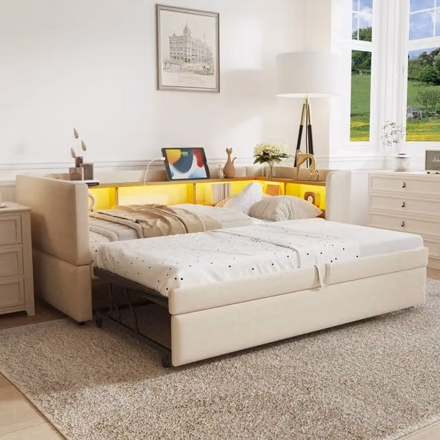 Letto divano singolo OKWISH in flanella beige con ripiani, illuminazione LED e prese USB, L/P: 90 x 190 cm
