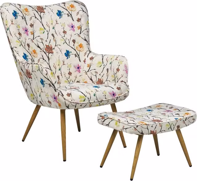 Sedia Wingback BELIANI con motivo floreale bianco e multicolore, stile retrò con pouf coordinato e struttura in legno e metallo, L/P/H: 73 x 93 x 78 cm